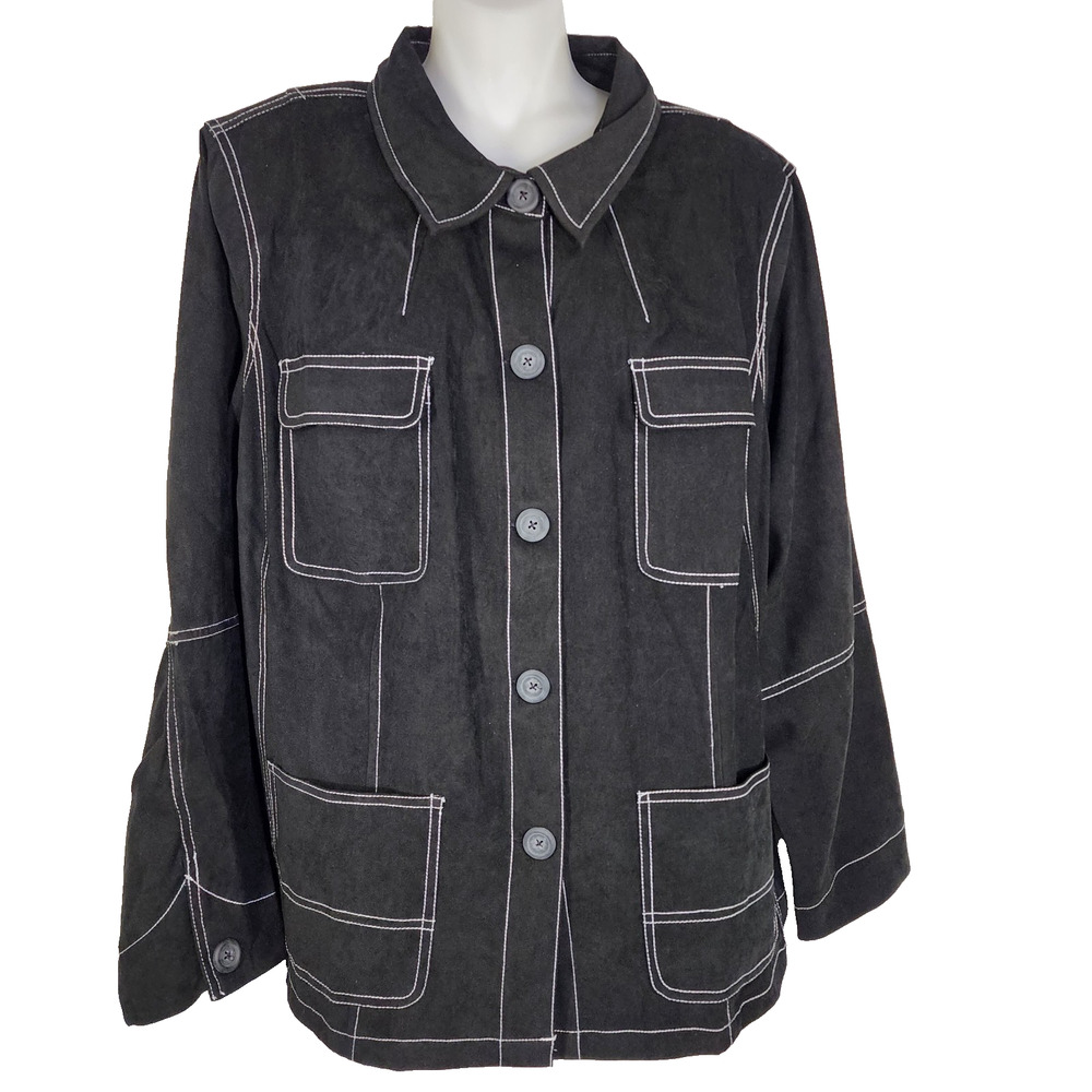 Susan Graver Womens Moleskin Jacket Contrast Stitch Size 1X Black Button Pockets